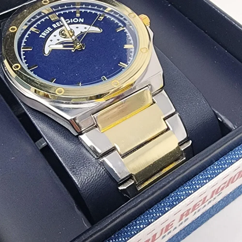 True Religion Watch Blue Dial Gold Bezel Two Tone Mens Analog Bracelet Boxed